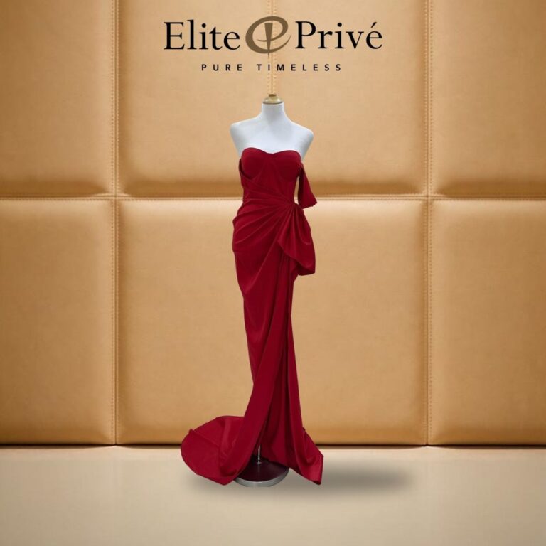 Red Draped Train Gown – made-to-measure by Elite Privé Atelier, Dubai