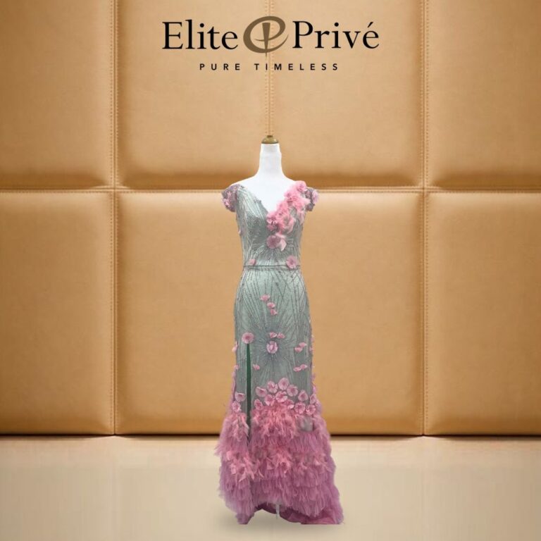 Mint Pink Feather Floral Gown – made-to-measure by Elite Privé Atelier, Dubai