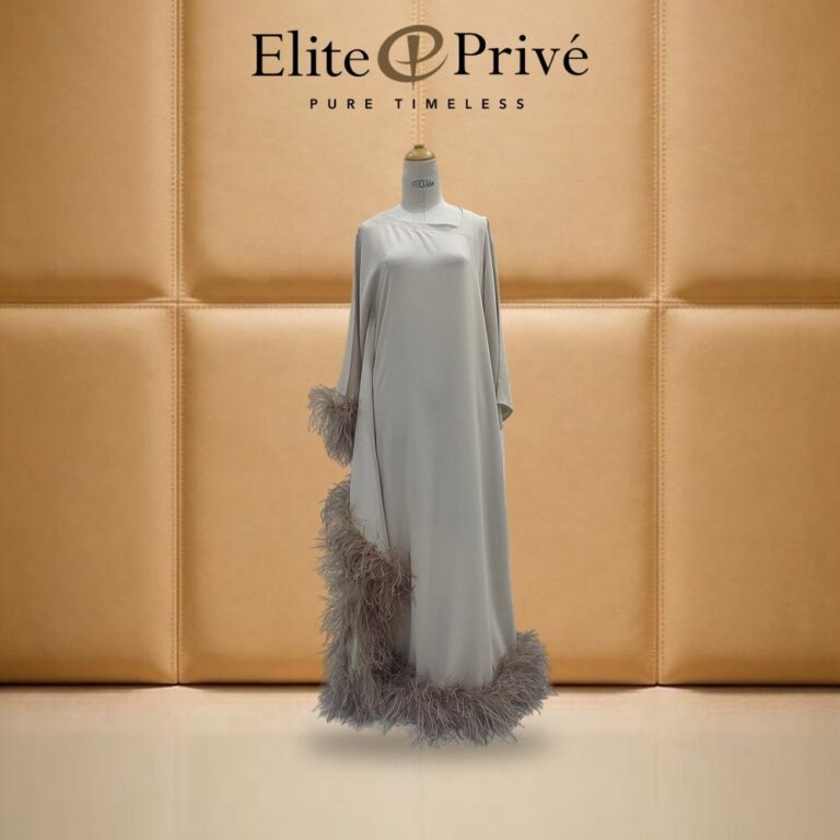 Champagne Feather-Trim Kaftan – made-to-measure by Elite Privé Atelier, Dubai