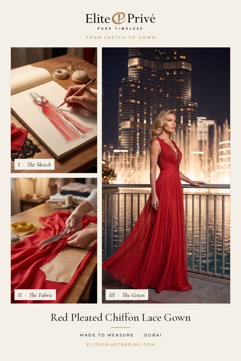 Red Pleated Chiffon Lace Gown – from sketch to fabric to finished gown, Elite Privé made-to-measure Dubai