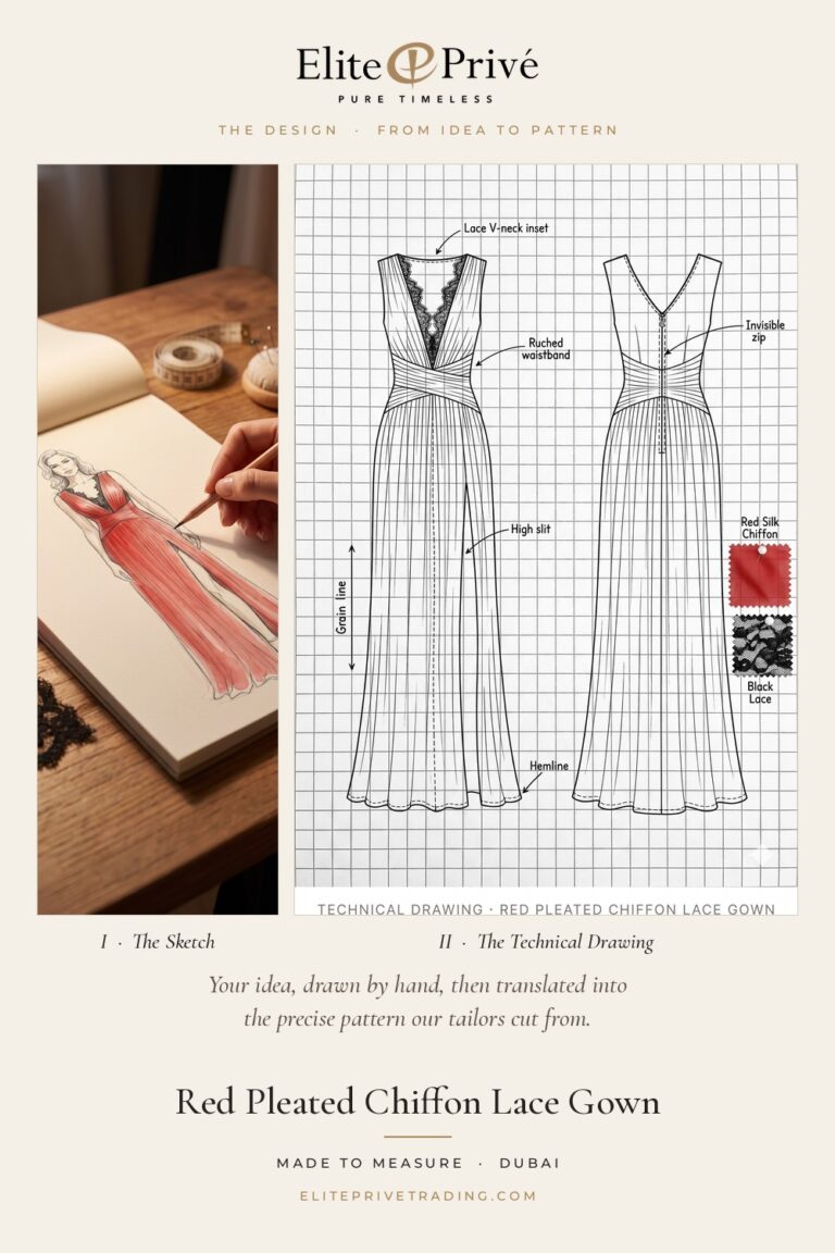 Red Pleated Chiffon Lace Gown – fashion sketch and technical drawing, Elite Privé made-to-measure atelier Dubai