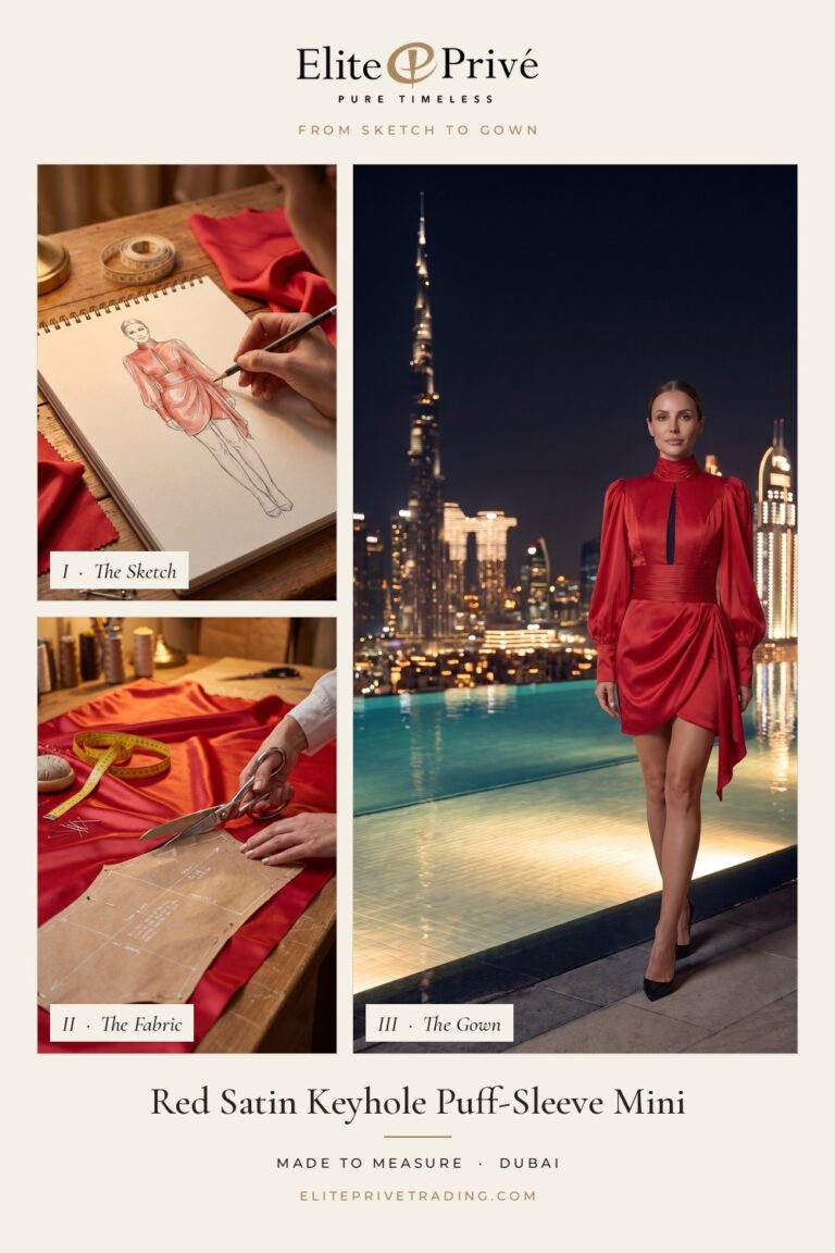 Red Satin Keyhole Puff-Sleeve Mini – from sketch to fabric to finished gown, Elite Privé made-to-measure Dubai