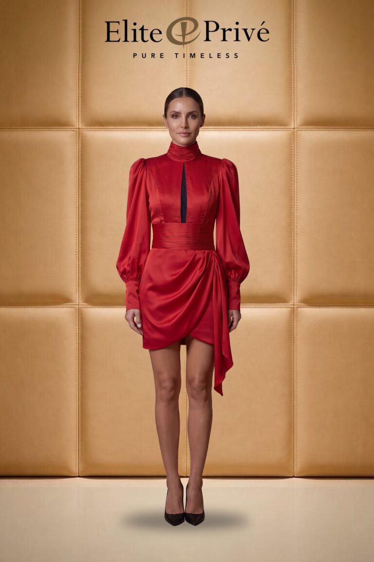 Red Satin Keyhole Puff-Sleeve Mini on the model – made-to-measure design by Elite Privé Atelier, Dubai