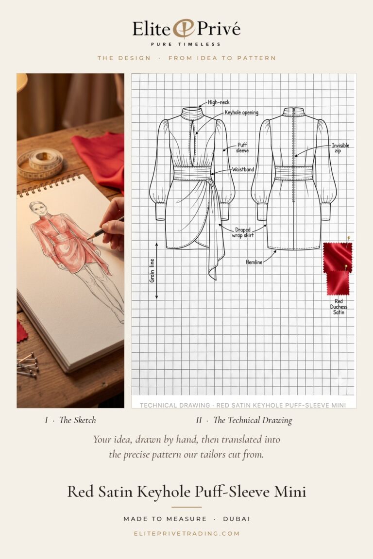 Red Satin Keyhole Puff-Sleeve Mini – fashion sketch and technical drawing, Elite Privé made-to-measure atelier Dubai