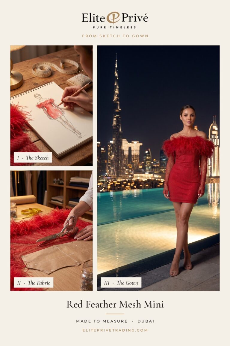 Red Feather Mesh Mini – from sketch to fabric to finished gown, Elite Privé made-to-measure Dubai