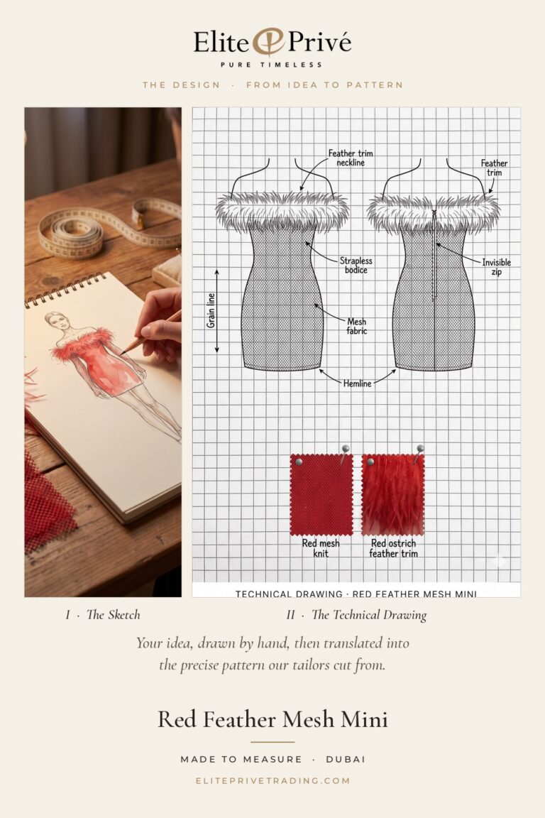 Red Feather Mesh Mini – fashion sketch and technical drawing, Elite Privé made-to-measure atelier Dubai