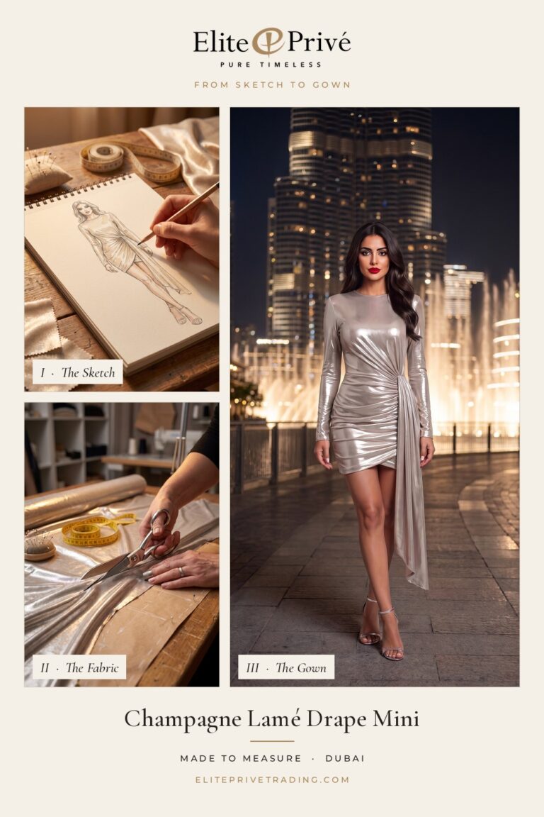 Champagne Lamé Drape Mini – from sketch to fabric to finished gown, Elite Privé made-to-measure Dubai