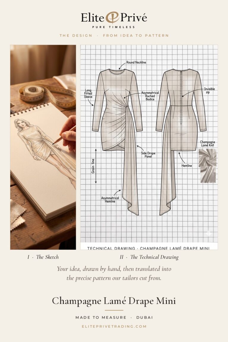 Champagne Lamé Drape Mini – fashion sketch and technical drawing, Elite Privé made-to-measure atelier Dubai