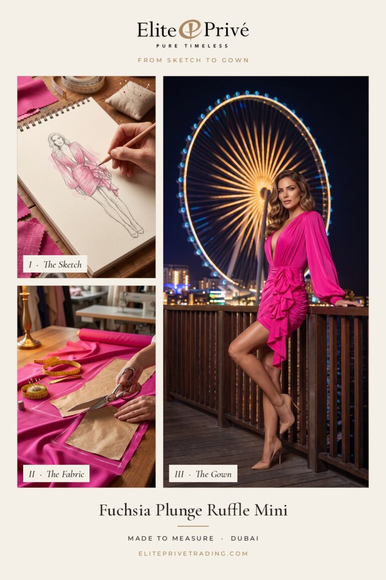 Fuchsia Plunge Ruffle Mini – from sketch to fabric to finished gown, Elite Privé made-to-measure Dubai