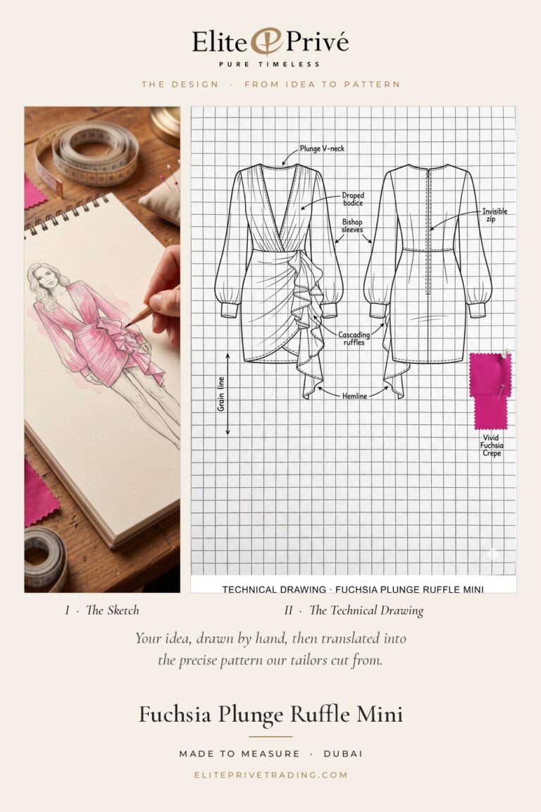 Fuchsia Plunge Ruffle Mini – fashion sketch and technical drawing, Elite Privé made-to-measure atelier Dubai