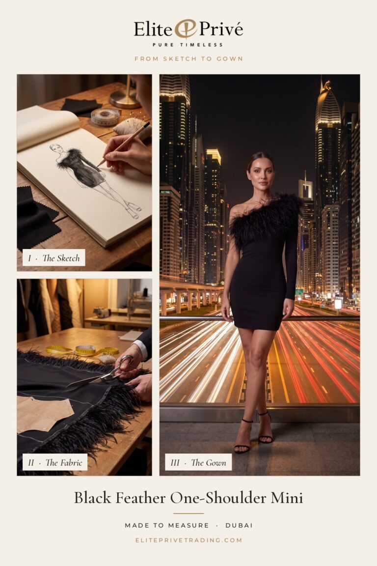 Black Feather One-Shoulder Mini – from sketch to fabric to finished gown, Elite Privé made-to-measure Dubai