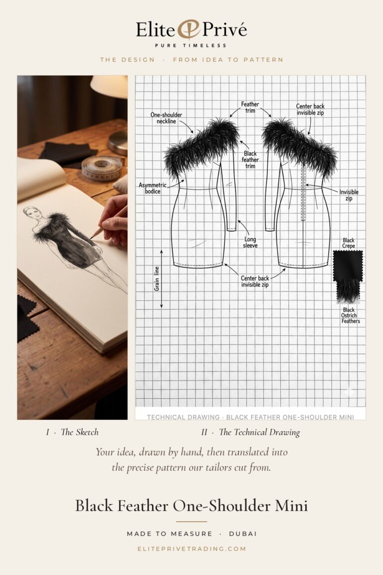 Black Feather One-Shoulder Mini – fashion sketch and technical drawing, Elite Privé made-to-measure atelier Dubai