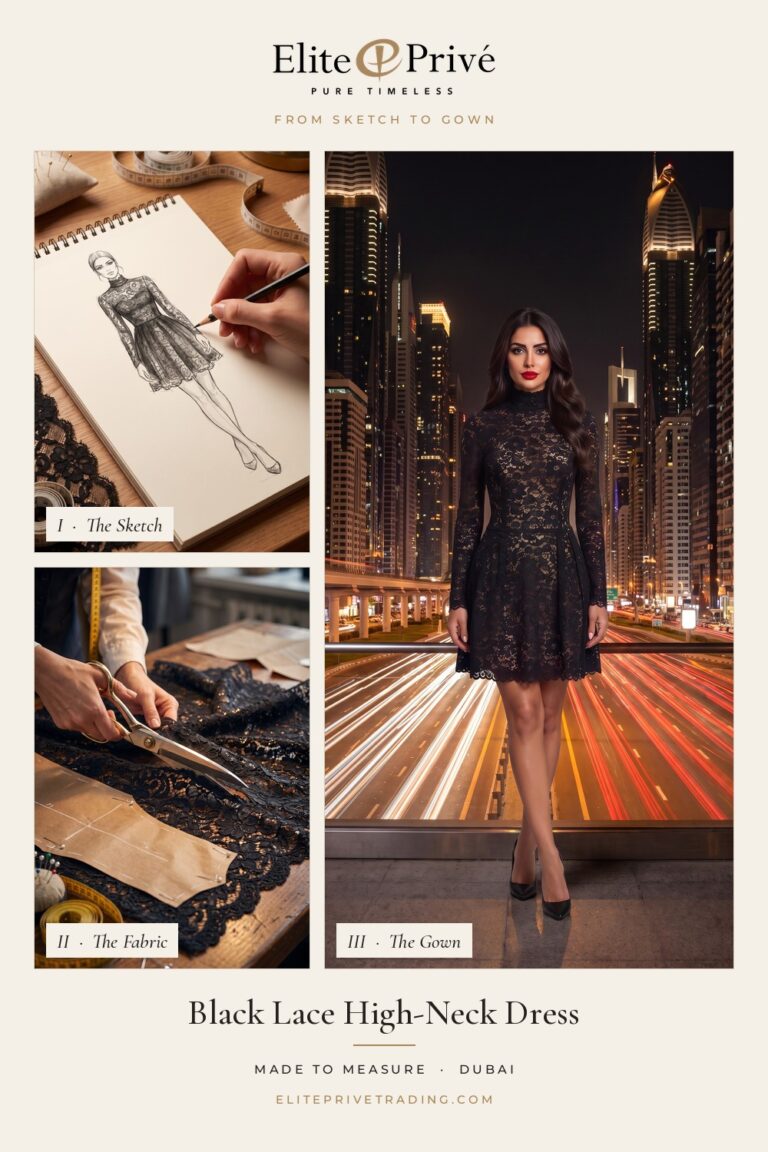Black Lace High-Neck Dress – from sketch to fabric to finished gown, Elite Privé made-to-measure Dubai