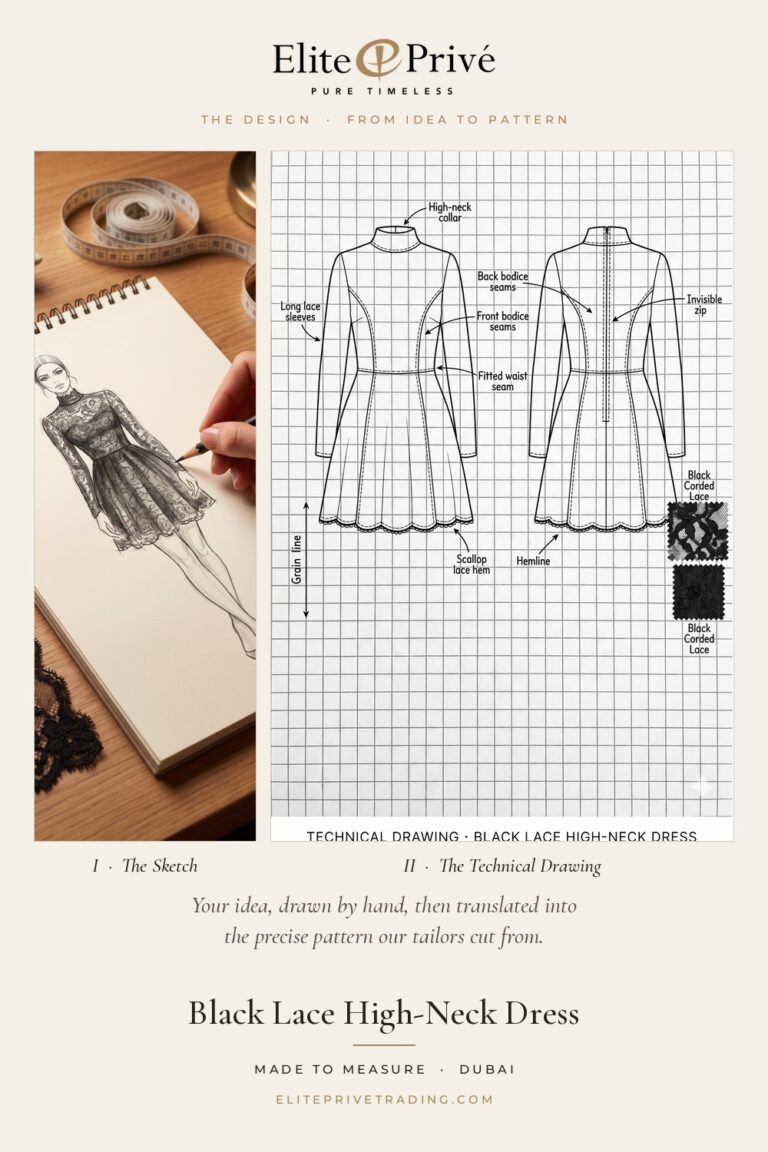 Black Lace High-Neck Dress – fashion sketch and technical drawing, Elite Privé made-to-measure atelier Dubai