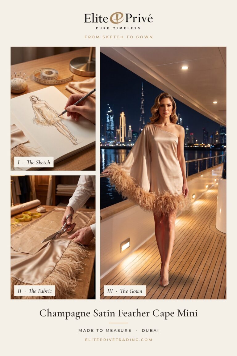 Champagne Satin Feather Cape Mini – from sketch to fabric to finished gown, Elite Privé made-to-measure Dubai