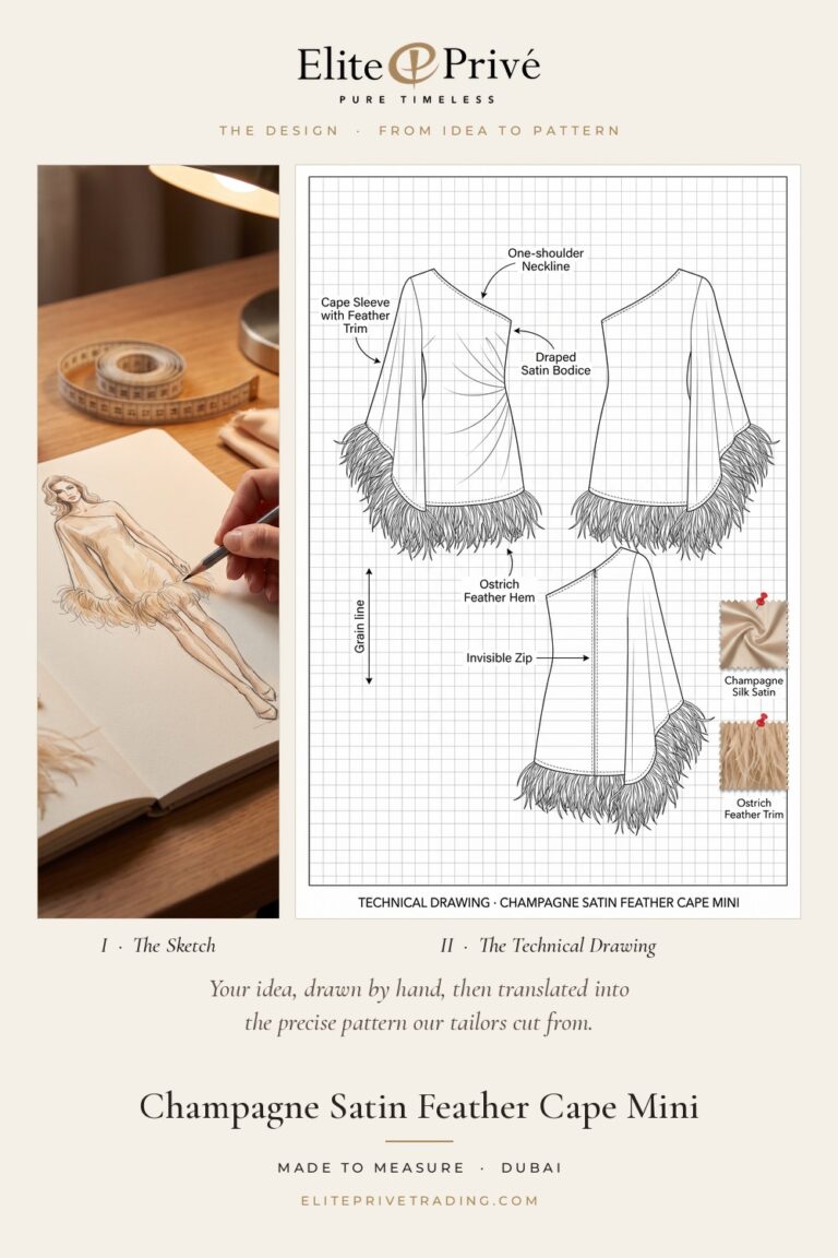 Champagne Satin Feather Cape Mini – fashion sketch and technical drawing, Elite Privé made-to-measure atelier Dubai