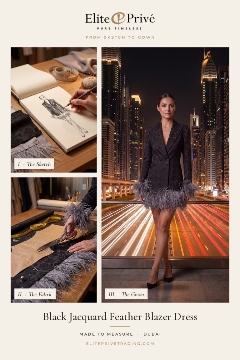 Black Jacquard Feather Blazer Dress – from sketch to fabric to finished gown, Elite Privé made-to-measure Dubai