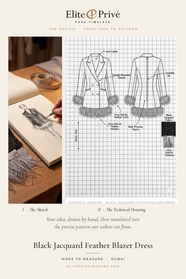 Black Jacquard Feather Blazer Dress – fashion sketch and technical drawing, Elite Privé made-to-measure atelier Dubai