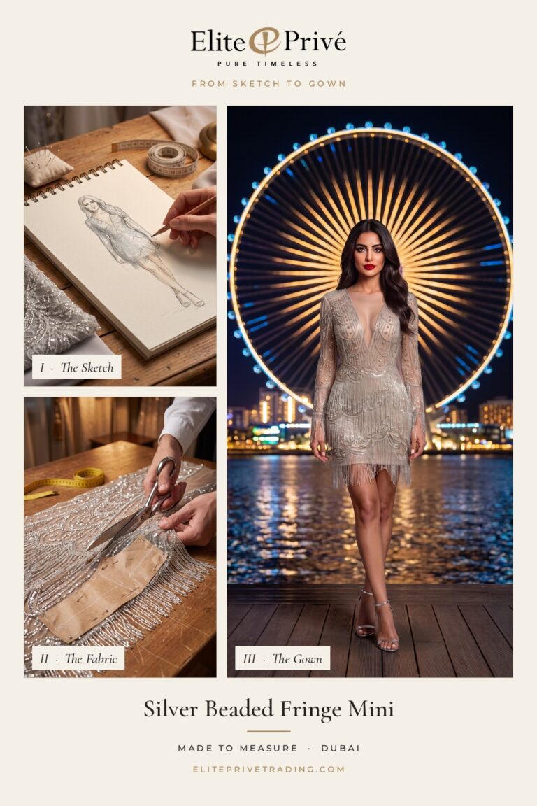 Silver Beaded Fringe Mini – from sketch to fabric to finished gown, Elite Privé made-to-measure Dubai