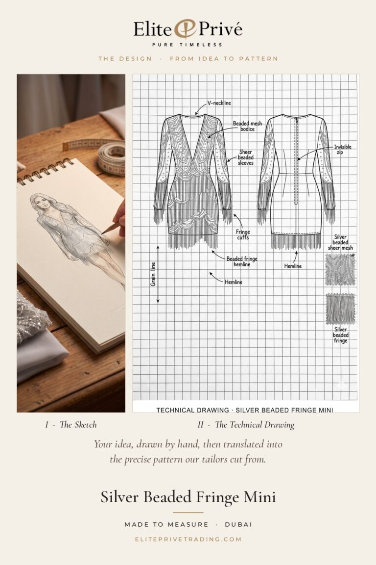 Silver Beaded Fringe Mini – fashion sketch and technical drawing, Elite Privé made-to-measure atelier Dubai