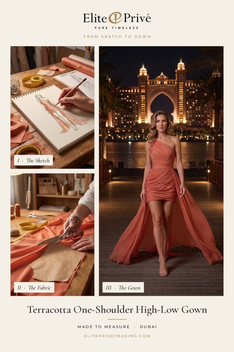 Terracotta One-Shoulder High-Low Gown – from sketch to fabric to finished gown, Elite Privé made-to-measure Dubai
