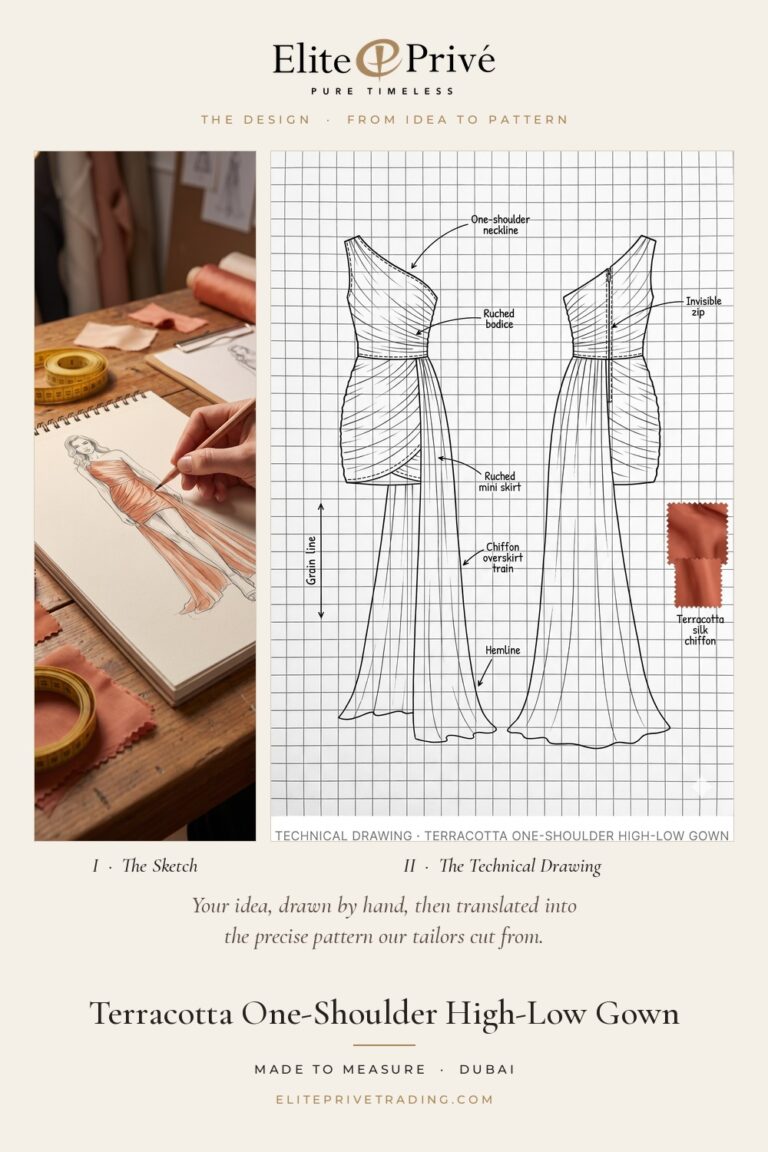 Terracotta One-Shoulder High-Low Gown – fashion sketch and technical drawing, Elite Privé made-to-measure atelier Dubai