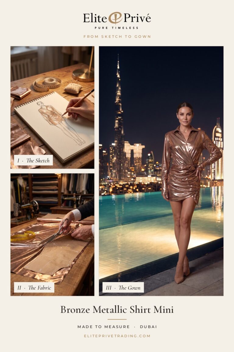 Bronze Metallic Shirt Mini – from sketch to fabric to finished gown, Elite Privé made-to-measure Dubai