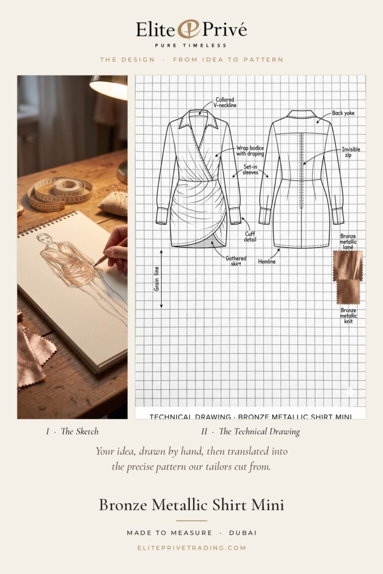 Bronze Metallic Shirt Mini – fashion sketch and technical drawing, Elite Privé made-to-measure atelier Dubai