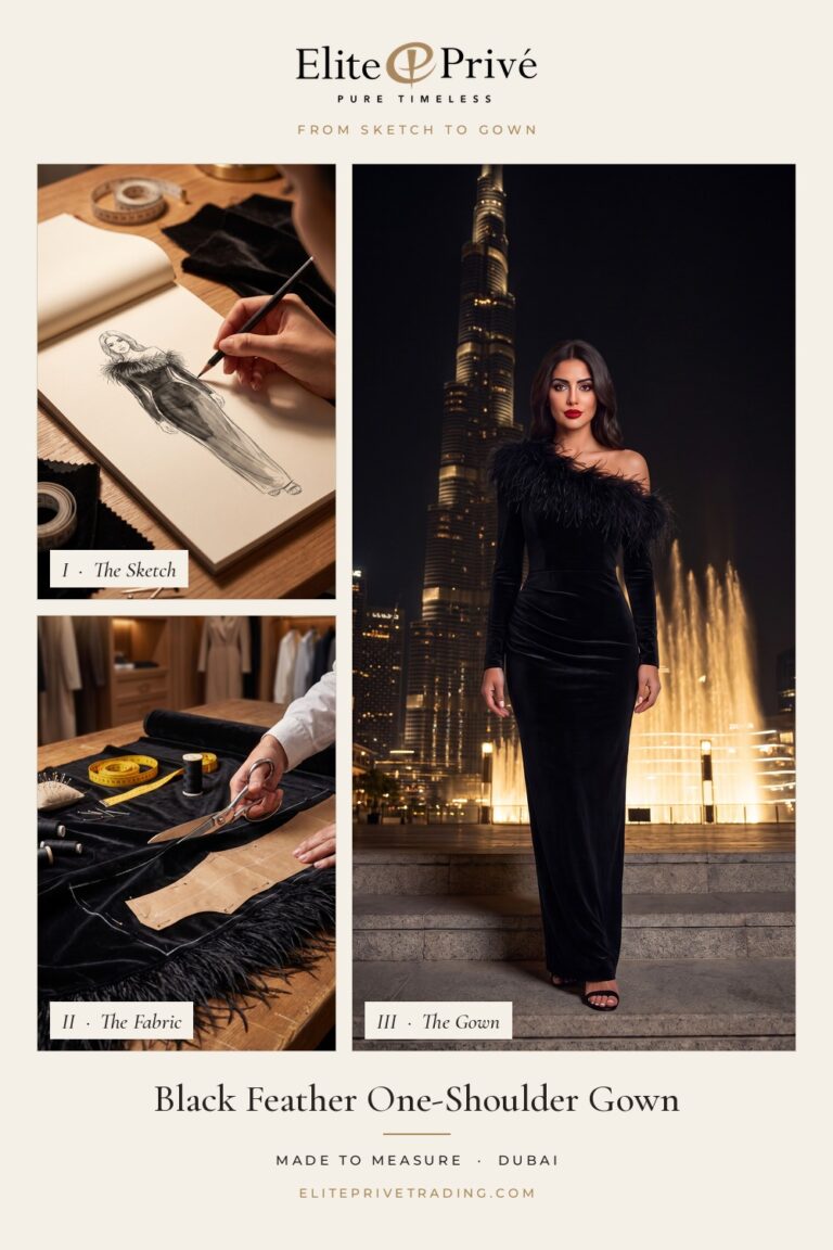 Black Feather One-Shoulder Gown – from sketch to fabric to finished gown, Elite Privé made-to-measure Dubai