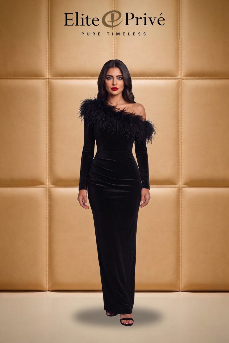 Black Feather One-Shoulder Gown on the model – made-to-measure design by Elite Privé Atelier, Dubai