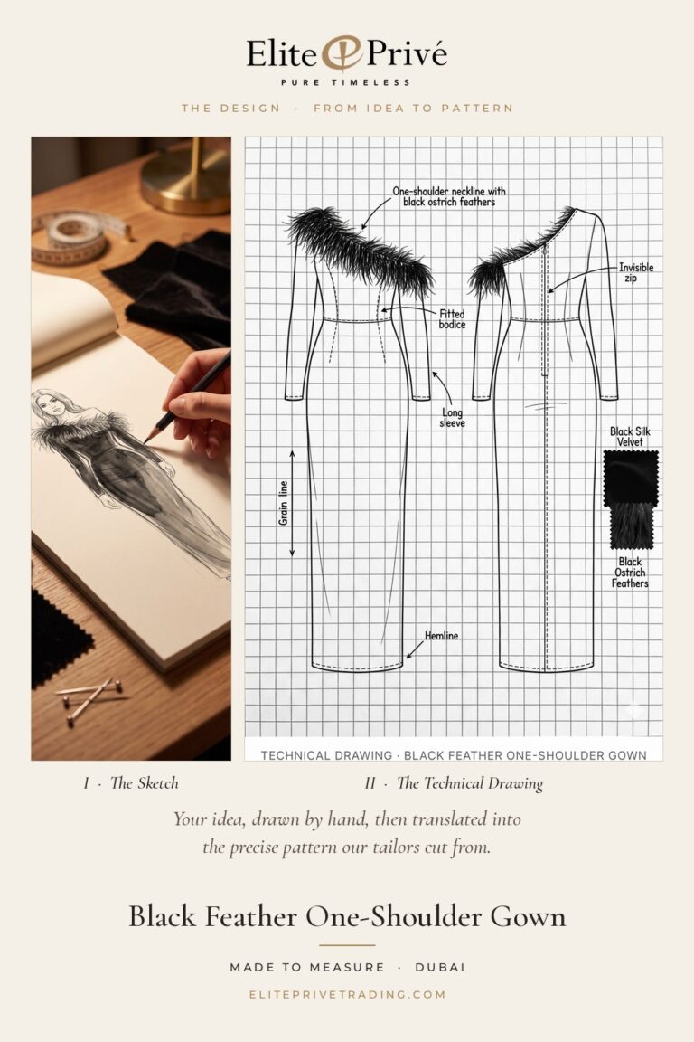 Black Feather One-Shoulder Gown – fashion sketch and technical drawing, Elite Privé made-to-measure atelier Dubai