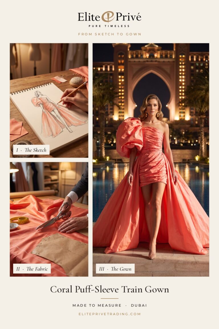 Coral Puff-Sleeve Train Gown – from sketch to fabric to finished gown, Elite Privé made-to-measure Dubai
