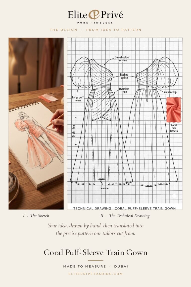 Coral Puff-Sleeve Train Gown – fashion sketch and technical drawing, Elite Privé made-to-measure atelier Dubai