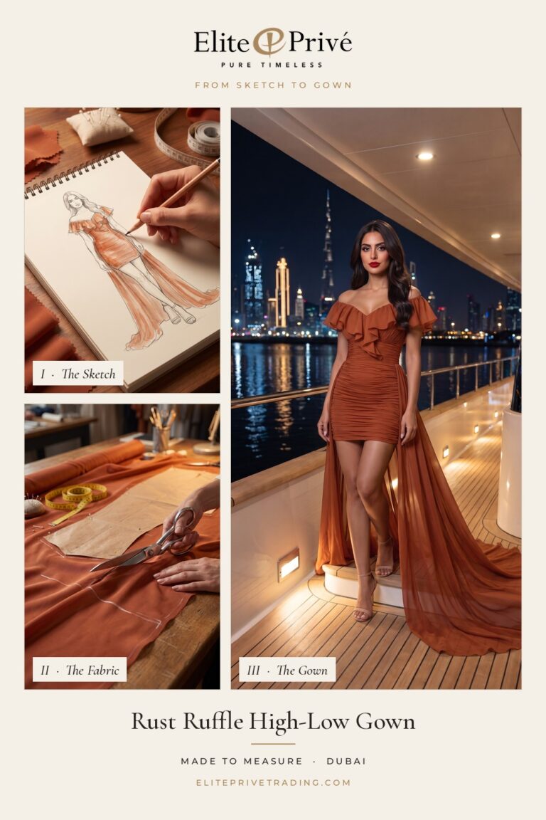 Rust Ruffle High-Low Gown – from sketch to fabric to finished gown, Elite Privé made-to-measure Dubai