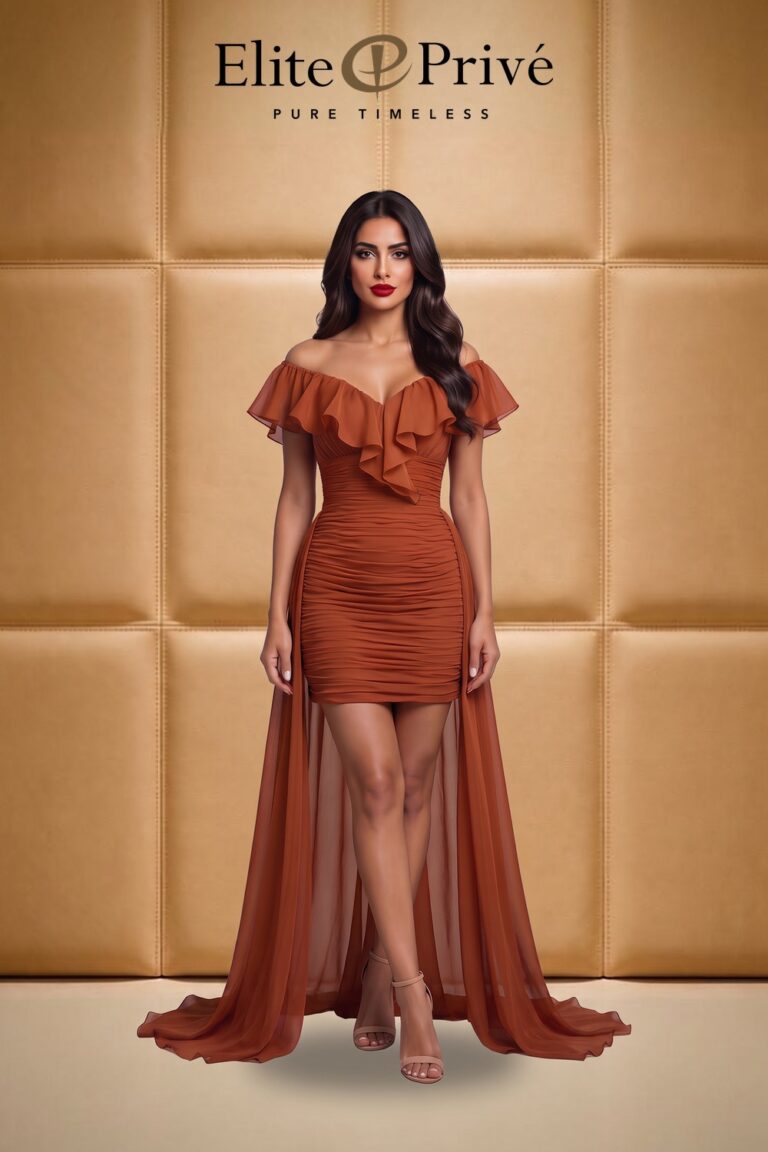 Rust Ruffle High-Low Gown on the model – made-to-measure design by Elite Privé Atelier, Dubai