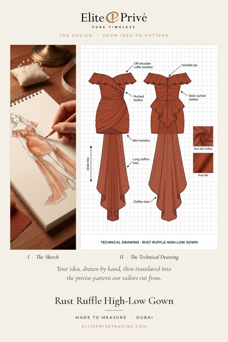 Rust Ruffle High-Low Gown – fashion sketch and technical drawing, Elite Privé made-to-measure atelier Dubai