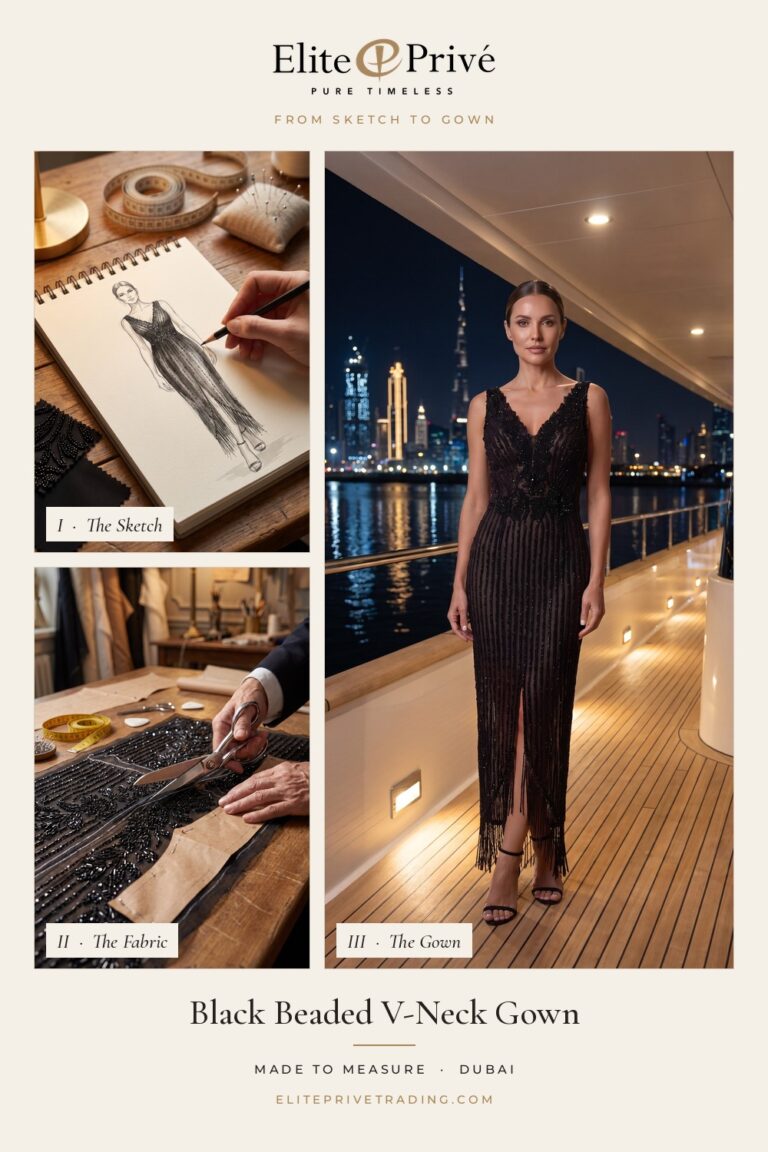 Black Beaded V-Neck Gown – from sketch to fabric to finished gown, Elite Privé made-to-measure Dubai