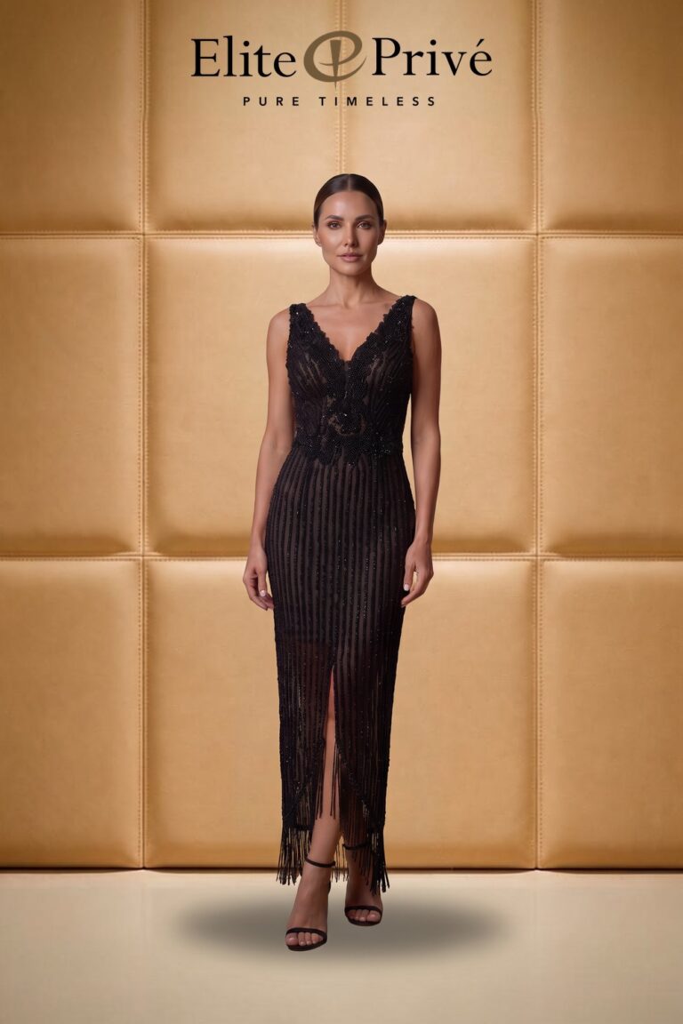 Black Beaded V-Neck Gown on the model – made-to-measure design by Elite Privé Atelier, Dubai