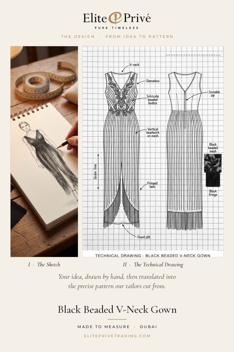 Black Beaded V-Neck Gown – fashion sketch and technical drawing, Elite Privé made-to-measure atelier Dubai