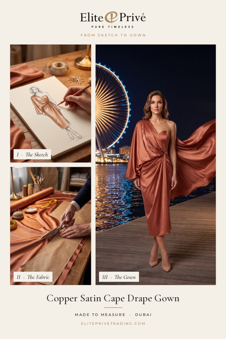 Copper Satin Cape Drape Gown – from sketch to fabric to finished gown, Elite Privé made-to-measure Dubai