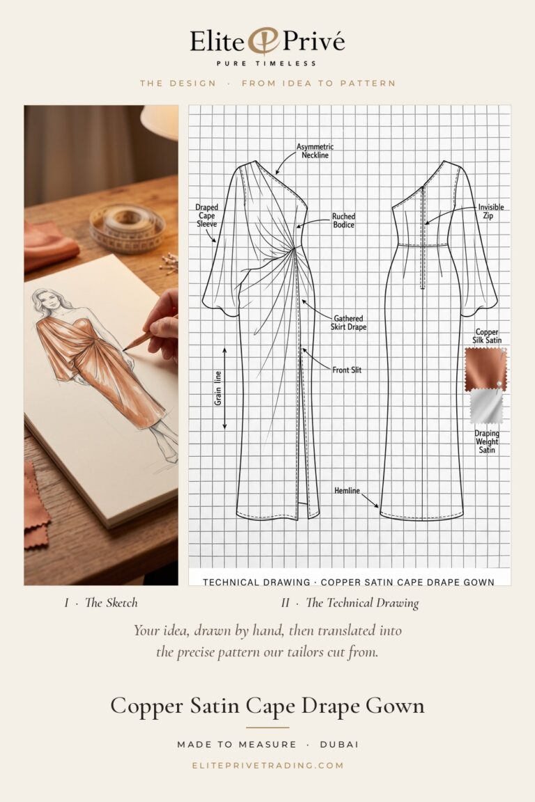 Copper Satin Cape Drape Gown – fashion sketch and technical drawing, Elite Privé made-to-measure atelier Dubai