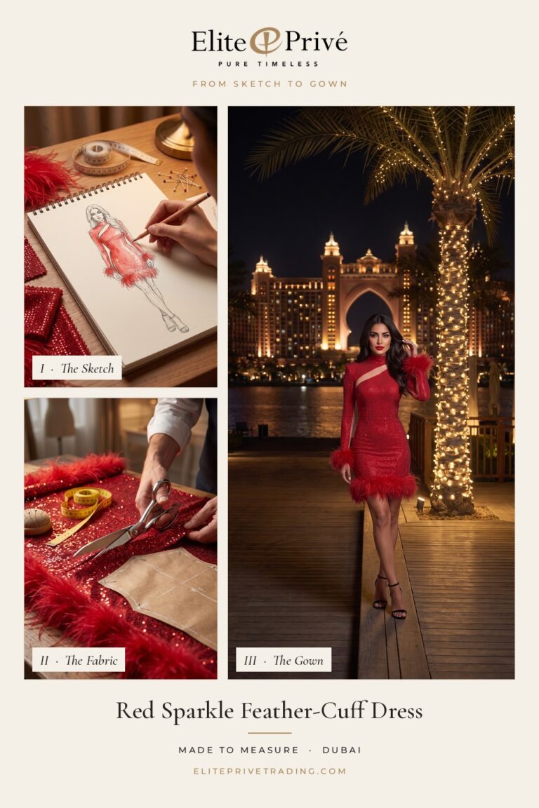 Red Sparkle Feather-Cuff Dress – from sketch to fabric to finished gown, Elite Privé made-to-measure Dubai