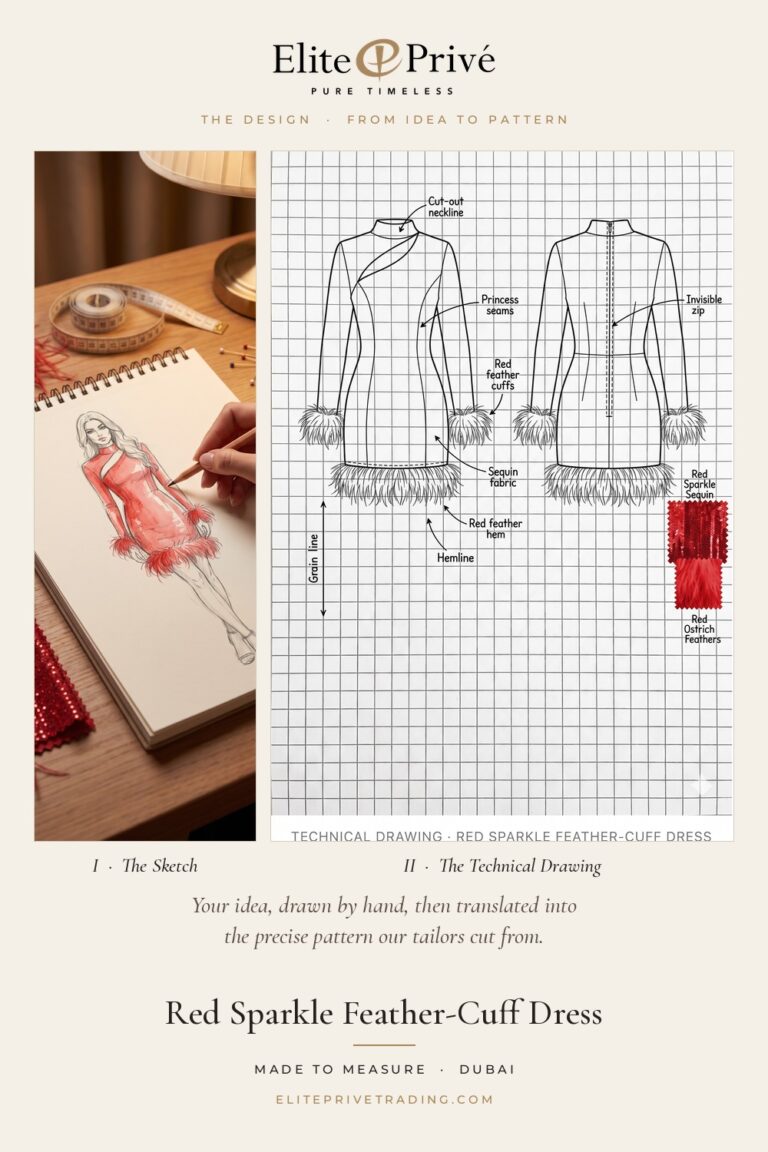 Red Sparkle Feather-Cuff Dress – fashion sketch and technical drawing, Elite Privé made-to-measure atelier Dubai