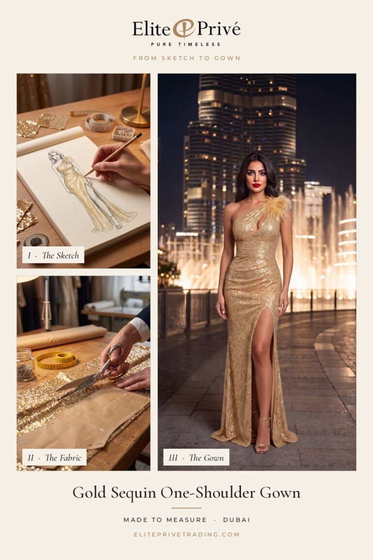 Gold Sequin One-Shoulder Gown – from sketch to fabric to finished gown, Elite Privé made-to-measure Dubai