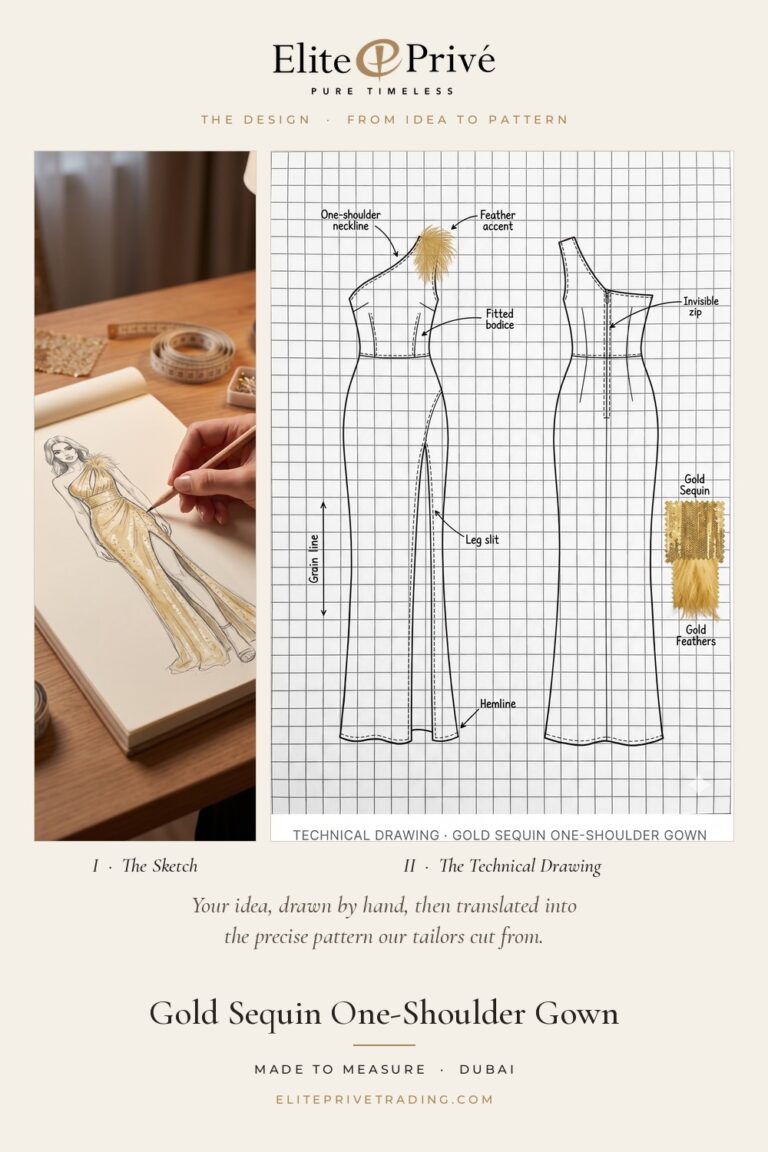 Gold Sequin One-Shoulder Gown – fashion sketch and technical drawing, Elite Privé made-to-measure atelier Dubai