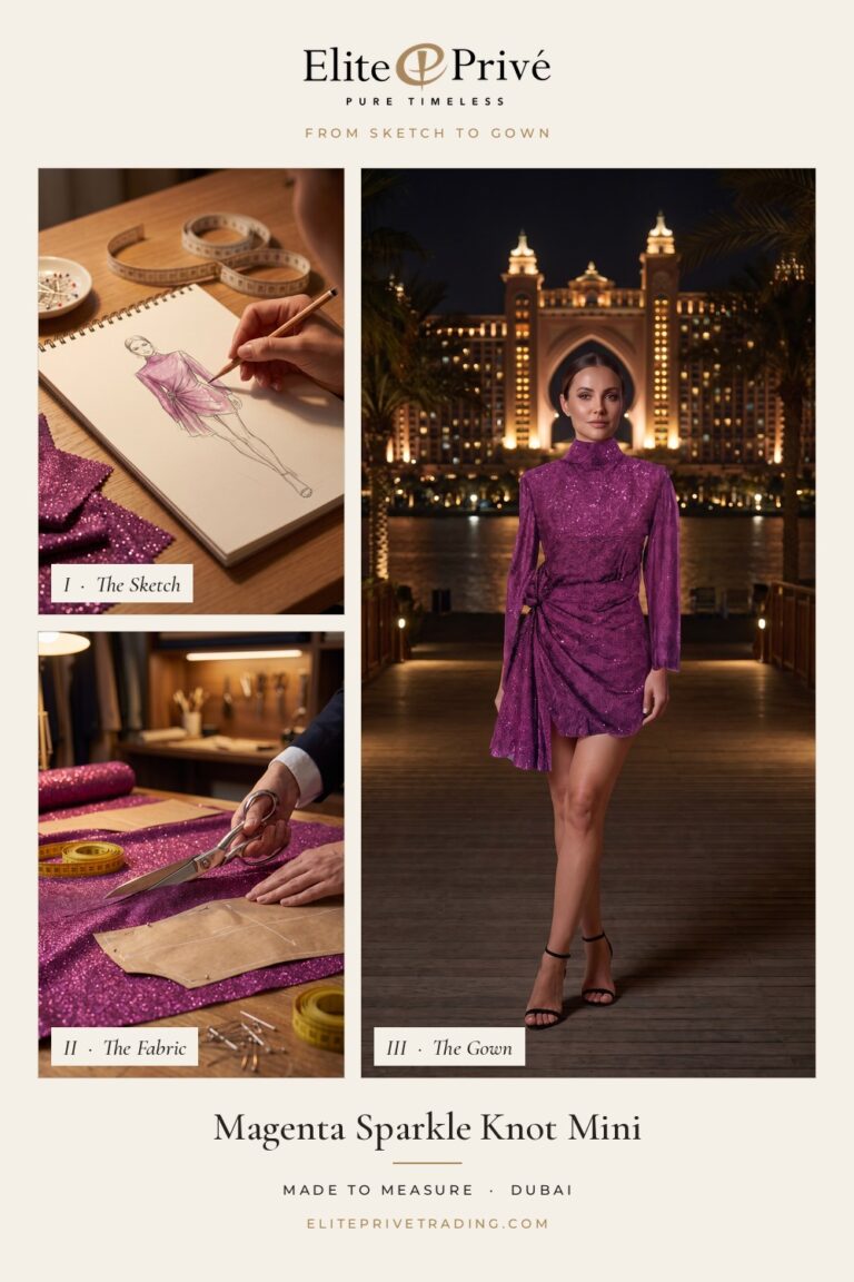 Magenta Sparkle Knot Mini – from sketch to fabric to finished gown, Elite Privé made-to-measure Dubai