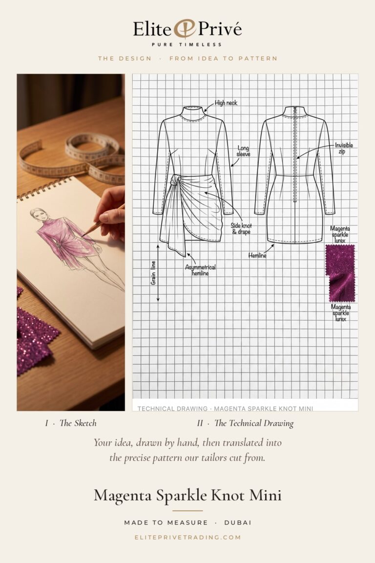 Magenta Sparkle Knot Mini – fashion sketch and technical drawing, Elite Privé made-to-measure atelier Dubai