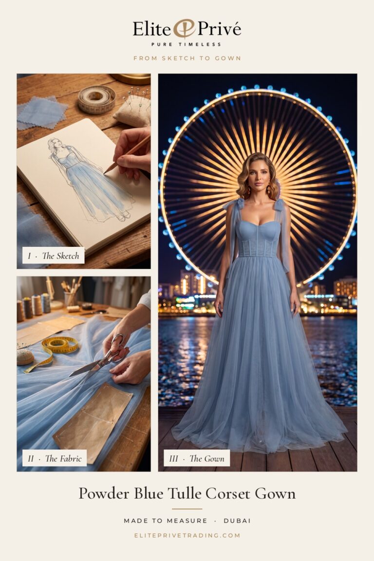 Powder Blue Tulle Corset Gown – from sketch to fabric to finished gown, Elite Privé made-to-measure Dubai