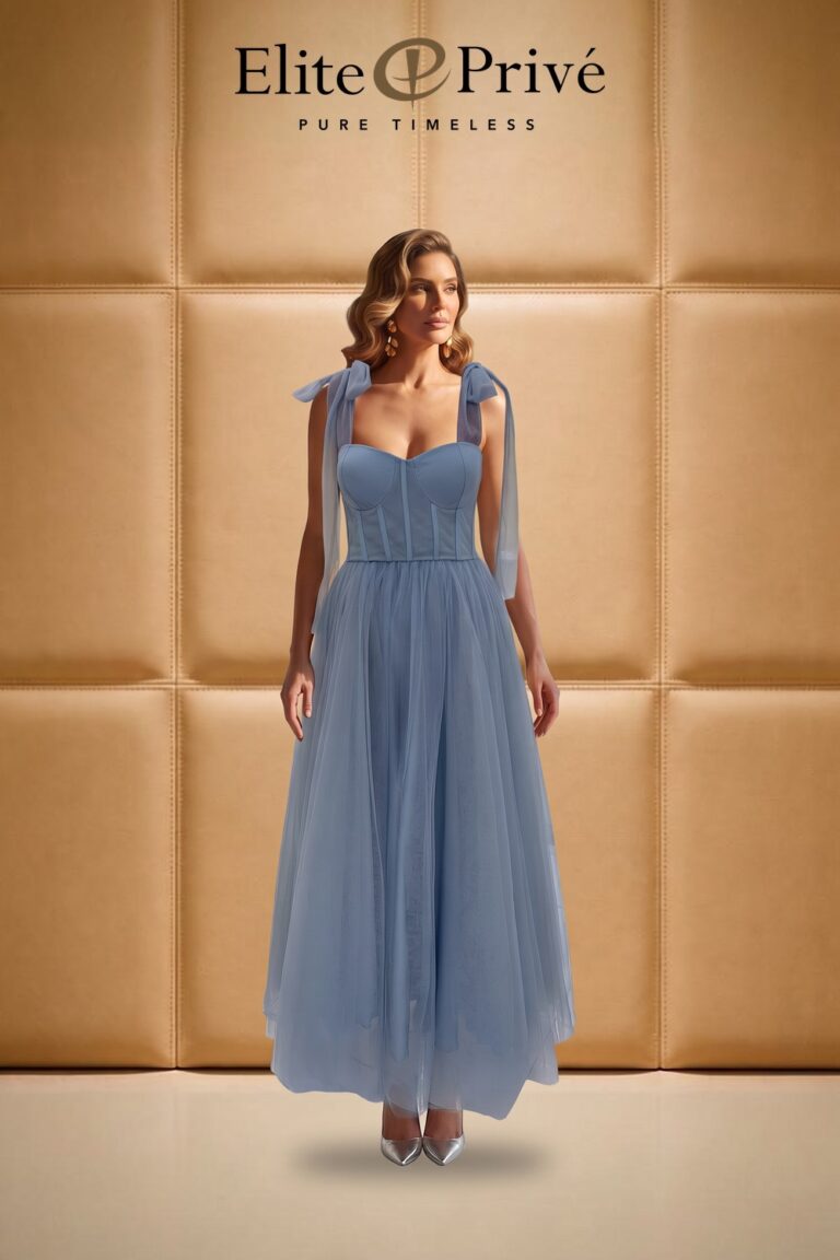 Powder Blue Tulle Corset Gown on the model – made-to-measure design by Elite Privé Atelier, Dubai