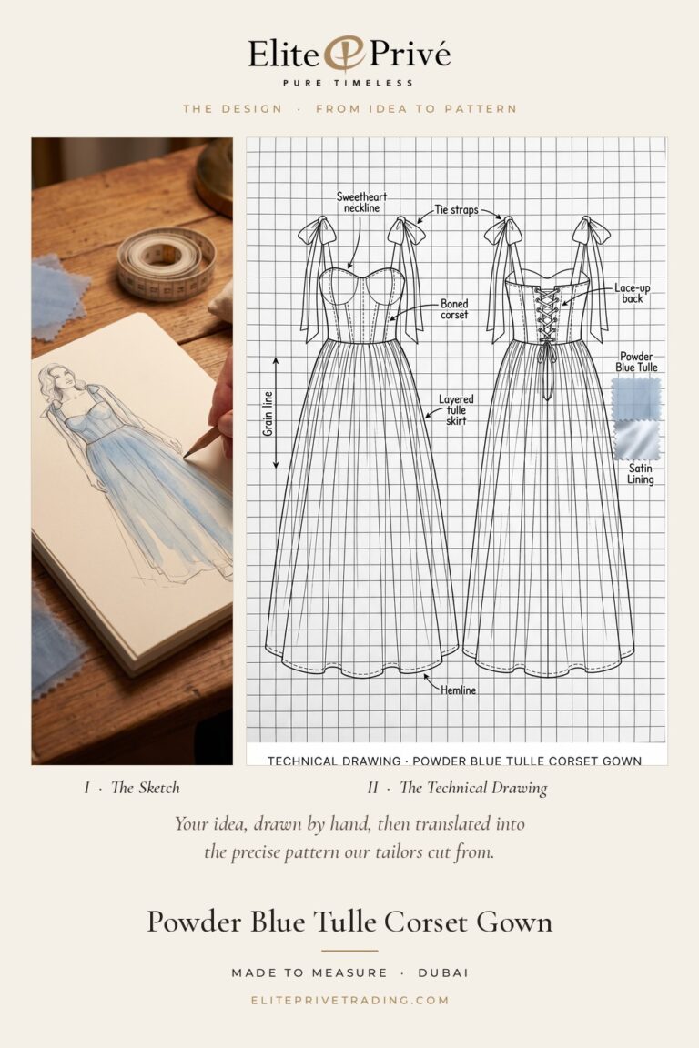 Powder Blue Tulle Corset Gown – fashion sketch and technical drawing, Elite Privé made-to-measure atelier Dubai